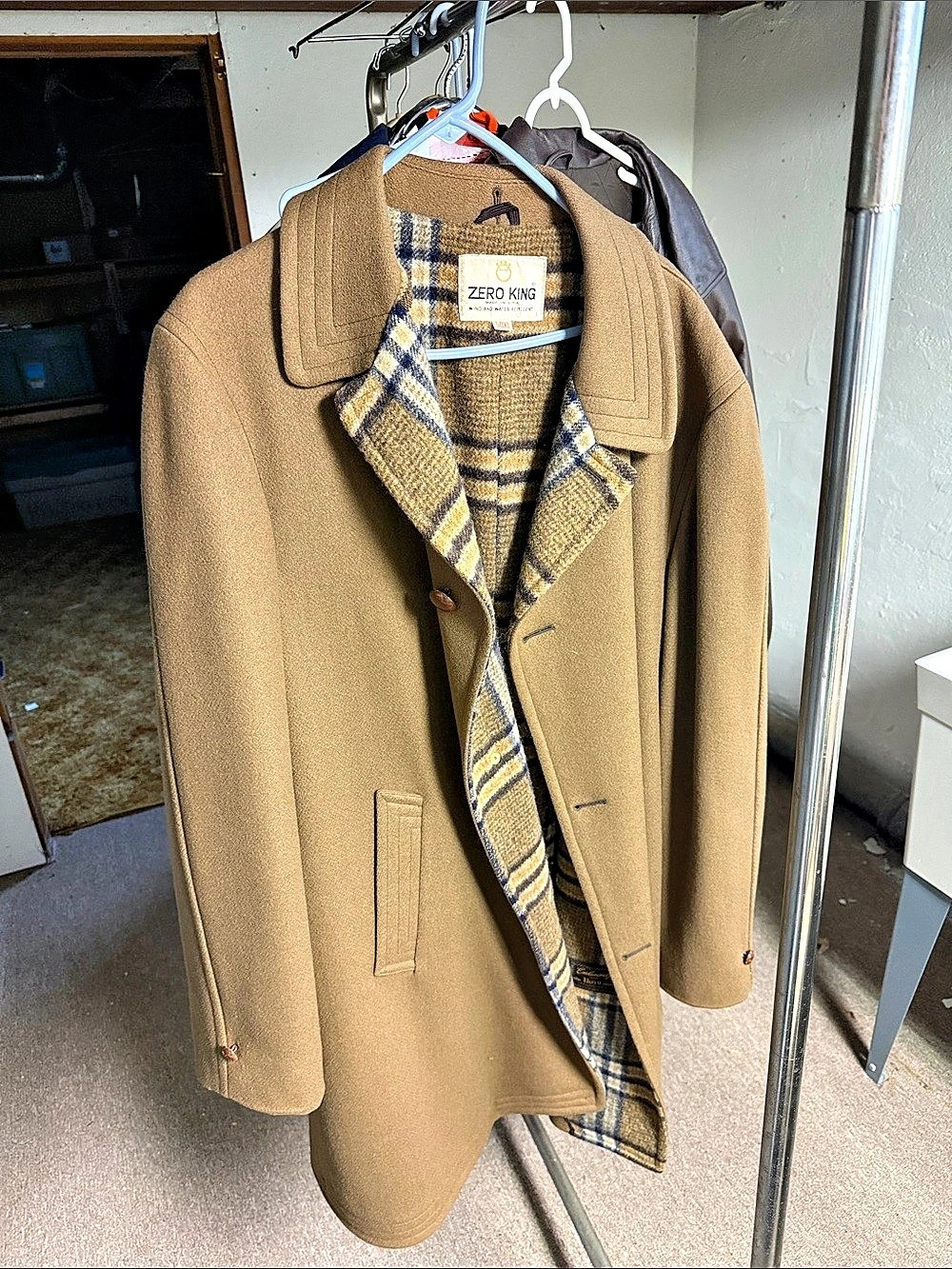 ZERO KING Plaid Lined Pea Coat in Brown & Blue, Size XL